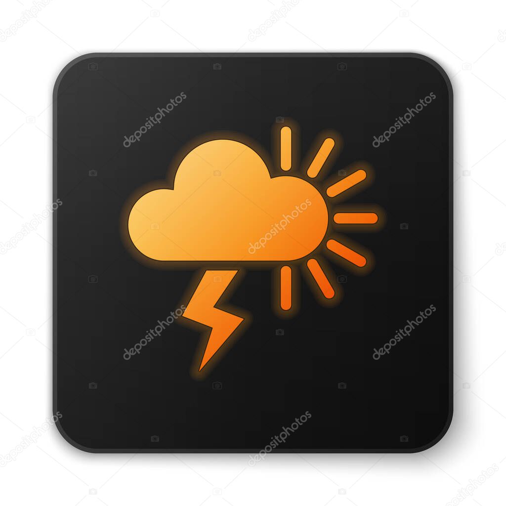 Orange glowing neon Storm icon isolated on white background. Cloudy with lightning and sun sign. Weather icon of storm. Black square button. Vector Illustration