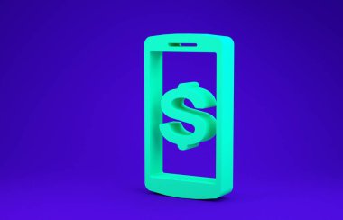 Mavi arkaplanda dolar sembolü olan yeşil akıllı telefon. İnternetten alışveriş konsepti. Finansal cep telefonu simgesi. Çevrimiçi ödeme. Minimalizm kavramı. 3d illüstrasyon 3B canlandırma