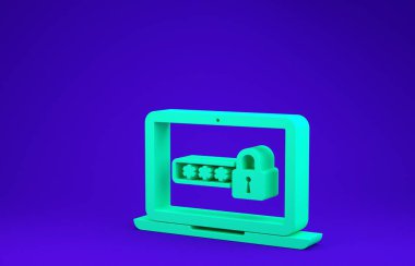 Mavi arkaplanda yeşil dizüstü bilgisayar ve kilit simgesi var. Güvenlik, kişisel erişim, kullanıcı yetkisi, giriş formu. Minimalizm kavramı. 3d illüstrasyon 3d canlandırma