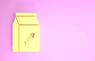 Pembe arka planda izole edilmiş kedi ikonu için sarı yiyecek torbası. Balık iskeleti işareti. Hayvanlar için yiyecek. Hayvan maması paketi. Minimalizm kavramı. 3d illüstrasyon 3d canlandırma