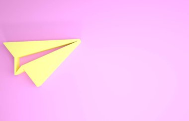 Sarı kağıt uçak simgesi pembe arka planda izole edildi. Kağıt uçak ikonu. Uçak işareti. Minimalizm kavramı. 3d illüstrasyon 3d canlandırma