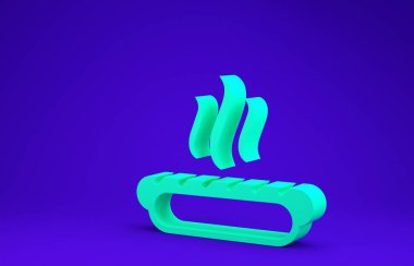 Mavi zemin üzerinde hardal simgesi olan yeşil Hotdog sandviçi. Sosis ikonu. Fast food burcu. Minimalizm kavramı. 3d illüstrasyon 3d canlandırma