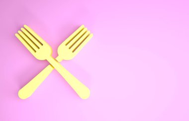 Sarı Çapraz Çatal simgesi pembe arka planda izole edilmiş. Çatal bıçak sembolü. Minimalizm kavramı. 3d illüstrasyon 3d canlandırma