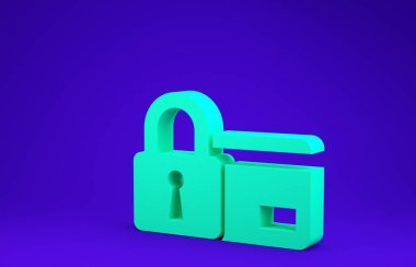 Mavi arka planda kilit simgesi olan yeşil kredi kartı. Kilitli banka kartı. Güvenlik, güvenlik, koruma kavramı. Güvenli ödeme kavramı. Minimalizm kavramı. 3d illüstrasyon 3d canlandırma