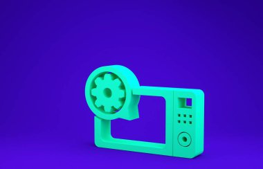 Mavi arka planda yeşil mikrodalga fırın ve dişli ikonu izole edildi. Uygulama, servis konsepti, ayar seçenekleri, bakım, onarım, onarım. Minimalizm kavramı. 3d illüstrasyon 3d canlandırma