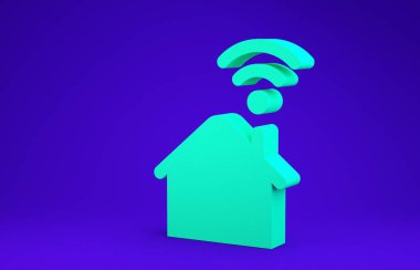 Mavi arka planda kablosuz ağ ikonu olan Green Smart evi. Uzaktan kumanda. Minimalizm kavramı. 3d illüstrasyon 3d canlandırma