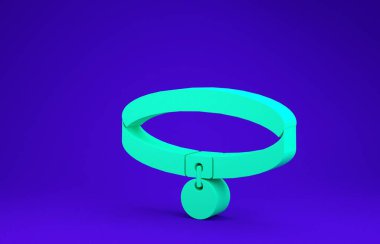 Mavi arkaplanda isim etiketi simgesi olan yeşil yaka. Evcil hayvanlar için basit malzemeler. Kedi köpek bakımı. Evcil hayvan zincirleri. Minimalizm kavramı. 3d illüstrasyon 3B canlandırma