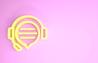 Pembe arka planda izole edilmiş konuşma balonu sohbet ikonlu sarı kulaklıklar. Müşteri hizmetleri, yardım hattı, çağrı merkezi, faq, bakım. Minimalizm kavramı. 3d illüstrasyon 3d canlandırma