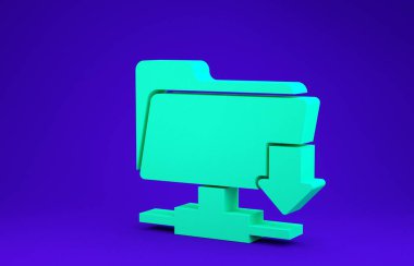 Yeşil Ftp dizin indirme simgesi mavi arkaplanda izole edildi. Yazılım güncellemesi, transfer protokolü, yönlendirici, takım çalışması araç yönetimi, kopyalama işlemi. Minimalizm kavramı. 3d illüstrasyon 3d canlandırma