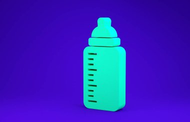 Mavi arka planda yeşil bebek ikonu izole edildi. Beslenme şişesi simgesi. Süt şişesi tabelası. Minimalizm kavramı. 3d illüstrasyon 3d canlandırma