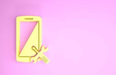 Pembe arka planda sarı akıllı telefon, tornavida ve ingiliz anahtarı simgesi var. Ayarlama, servis, ayar, bakım, onarım, onarım. Minimalizm kavramı. 3d illüstrasyon 3d canlandırma