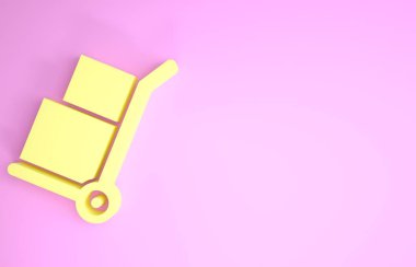 Sarı El kamyonu ve pembe arka planda izole edilmiş kutu simgesi. Dolly sembolü. Minimalizm kavramı. 3d illüstrasyon 3d canlandırma