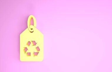 Pembe arka planda izole edilmiş geri dönüşüm sembolü simgesine sahip sarı etiket. Pankart, etiket, etiket, logo, çevre yeşili etiketi. Minimalizm kavramı. 3d illüstrasyon 3B canlandırma