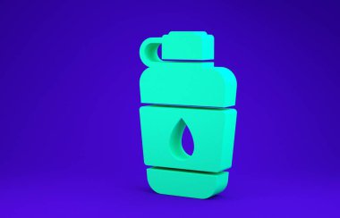 Mavi arka planda yeşil kantin su şişesi simgesi izole edildi. Turist matarası ikonu. Kampanyada bir kavanoz su kullanıldı. Minimalizm kavramı. 3d illüstrasyon 3B canlandırma