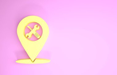 Pembe arka planda çapraz tornavida ve anahtar ikonu olan sarı konum. İşaret ayarları sembolü. Minimalizm kavramı. 3d illüstrasyon 3d canlandırma