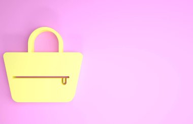 Sarı El Çantası simgesi pembe arkaplanda izole edildi. Kadın el çantası işareti. Glamour günlük bagaj sembolü. Minimalizm kavramı. 3d illüstrasyon 3B canlandırma