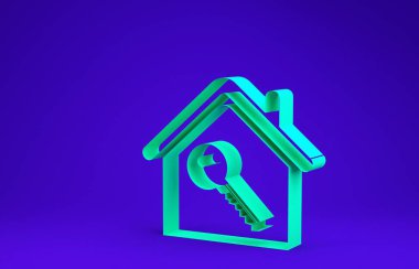 Mavi arkaplanda anahtar simgesine sahip bir sera. Ev anahtarının konsepti. Minimalizm kavramı. 3d illüstrasyon 3B canlandırma