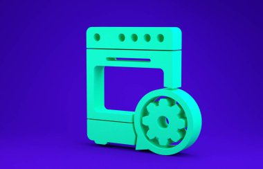 Yeşil fırın ve vites simgesi mavi arkaplanda izole edilmiş. Uygulama, servis konsepti, ayar seçenekleri, bakım, onarım, onarım. Minimalizm kavramı. 3d illüstrasyon 3d canlandırma