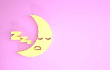 Sarı Ay simgesi pembe arkaplanda izole edildi. Bulutlu gece işareti. Uyku rüyalarının sembolü. Gece ya da yatak zamanı tabelası. Minimalizm kavramı. 3d illüstrasyon 3d canlandırma