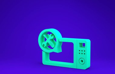 Mavi arka planda izole edilmiş tornavida ve anahtar ikonlu yeşil mikrodalga fırın. Ayarlama, servis, ayar, bakım, onarım, onarım. Minimalizm kavramı. 3d illüstrasyon 3d canlandırma