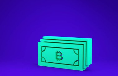 Mavi arka planda izole edilmiş mikroçip devre ikonu ile daire içinde yeşil kripto para birimi bitcoin. Engelleme teknolojisi, dijital para piyasası. Minimalizm kavramı. 3d illüstrasyon 3d canlandırma