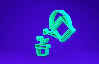 Yeşil sulama, bitkinin üzerine su damlalarını mavi arka planda izole edilmiş çömlek ikonunda püskürtebilir. Sulama sembolü. Minimalizm kavramı. 3d illüstrasyon 3d canlandırma