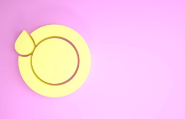 Sarı bulaşık ikonu pembe arka planda izole edilmiş. Tabak ve sünger. Bulaşık yıkama ikonu. Bulaşık makinesi tabelası. Masa takımı tabelası temiz. Minimalizm kavramı. 3d illüstrasyon 3d canlandırma