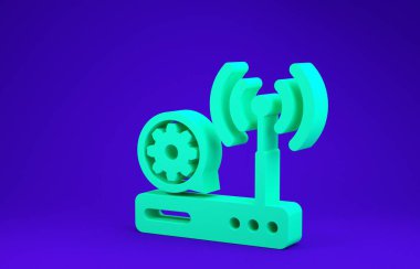 Yeşil Yönlendirici ve kablosuz ağ sinyali ve vites simgesi mavi arkaplanda izole edildi. Uygulama, servis konsepti, ayar seçenekleri, bakım, onarım, onarım. Minimalizm kavramı. 3d illüstrasyon 3d canlandırma