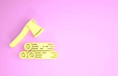 Sarı tahta balta ve ahşap ikon pembe arka planda izole edilmiş. Oduncu baltası. Minimalizm kavramı. 3d illüstrasyon 3d canlandırma