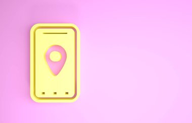 Şehir haritası yön bulma simgesinin sarı bilgileri pembe arkaplanda izole edildi. Mobil Uygulama Arayüzü tasarımı. Coğrafi konsept. Minimalizm kavramı. 3d illüstrasyon 3d canlandırma