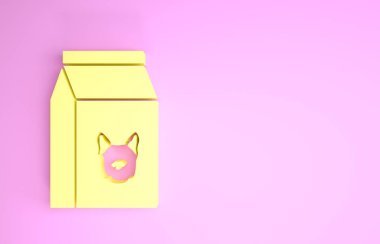 Pembe arka planda izole edilmiş köpek ikonu için sarı yiyecek torbası. Hayvanlar için yiyecek. Hayvan maması paketi. Minimalizm kavramı. 3d illüstrasyon 3d canlandırma