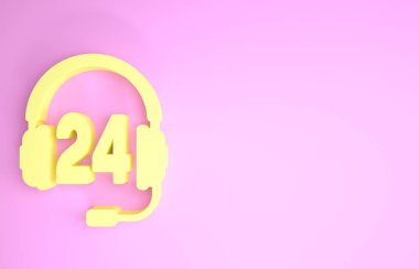 Pembe arka planda izole edilmiş servis simgesi ya da destek için sarı kulaklık. Danışmanlık, yardım hattı, çağrı merkezi, faq, bakım, yardım. Minimalizm kavramı. 3d illüstrasyon 3d canlandırma