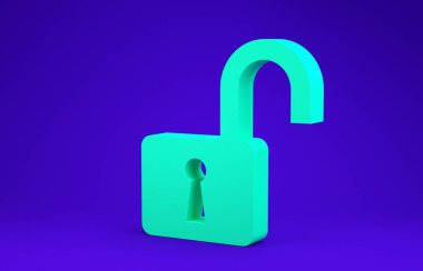 Yeşil Açık asma kilit simgesi mavi arkaplanda izole edildi. Kilit açık işareti. Siber güvenlik kavramı. Dijital veri koruması. Güvenlik kilidi. Minimalizm kavramı. 3d illüstrasyon 3d canlandırma