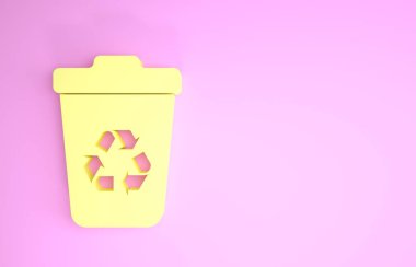 Pembe arka planda izole edilmiş geri dönüşüm sembolü simgesi olan sarı geri dönüşüm kutusu. Çöp kutusu simgesi. Çöp kutusu tabelası. Geri dönüşüm sepeti işareti. Minimalizm kavramı. 3d illüstrasyon 3B canlandırma
