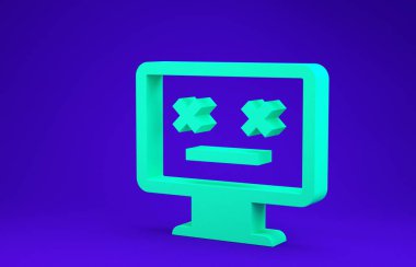 Yeşil Ölü monitör simgesi mavi arkaplanda izole edildi. Ölü emojili bilgisayar gibi 404 hata. Bilgisayar sisteminde ölümcül hata. Minimalizm kavramı. 3d illüstrasyon 3d canlandırma