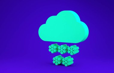 Mavi arka planda kar ikonu olan Yeşil Bulut. Kar taneli bulut. Tek hava ikonu. Kar tabelası. Minimalizm kavramı. 3d illüstrasyon 3B canlandırma