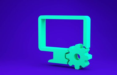 Yeşil Bilgisayar monitörü ve vites simgesi mavi arkaplanda izole edildi. Ayarlama, servis, ayar, bakım, onarım, onarım. Minimalizm kavramı. 3d illüstrasyon 3B canlandırma