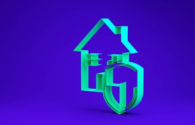 Koruma altındaki Yeşil Ev mavi arka planda izole edilmiş. Ev ve kalkan. Koruma, güvenlik, güvenlik, koruma, savunma konsepti. Minimalizm kavramı. 3d illüstrasyon 3B canlandırma
