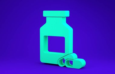 Yeşil ilaç şişesi ve mavi arka planda izole edilmiş hap ikonu. Şişe hapı işareti. Eczane tasarımı. Minimalizm kavramı. 3d illüstrasyon 3d canlandırma
