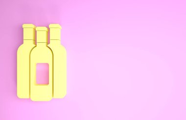 Sarı şarap şişeleri pembe arka planda izole edilmiş. Minimalizm kavramı. 3d illüstrasyon 3B canlandırma