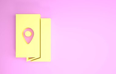 Sarı Kapaklı Kitap Seyahat ikonu pembe arka planda izole edildi. Minimalizm kavramı. 3d illüstrasyon 3d canlandırma