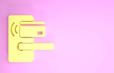 Pembe arka planda izole edilmiş ikonu açmak için kablosuz teknolojiye sahip sarı dijital kapı kilidi. Kapı kolu tabelası. Güvenlik akıllı ev. Minimalizm kavramı. 3d illüstrasyon 3d canlandırma