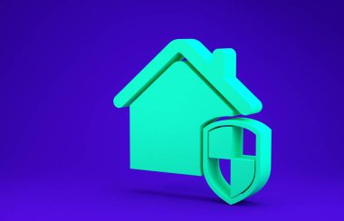 Koruma altındaki Yeşil Ev mavi arka planda izole edilmiş. Ev ve kalkan. Koruma, güvenlik, güvenlik, koruma, savunma konsepti. Minimalizm kavramı. 3d illüstrasyon 3B canlandırma