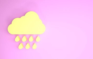Pembe arka planda izole edilmiş yağmur ikonu olan Sarı Bulut. Yağmur damlaları ile yağmur bulutu yağışı. Minimalizm kavramı. 3d illüstrasyon 3d canlandırma