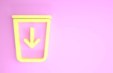 Sarı, pembe arkaplanda izole edilmiş çöp kutusu simgesine gönder. Minimalizm kavramı. 3d illüstrasyon 3d canlandırma