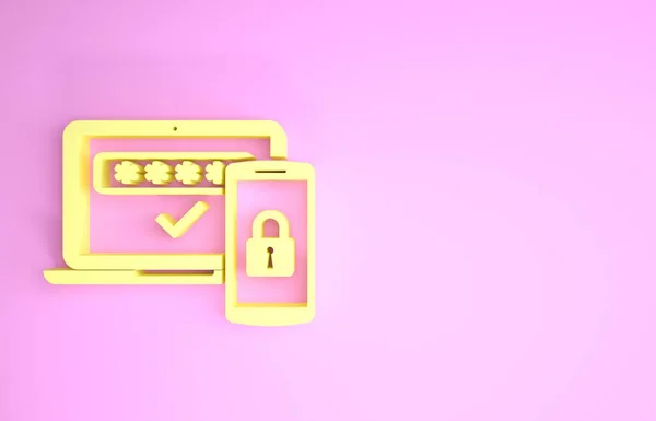 Жовтий багатофакторний, два кроки піктограми автентифікації ізольовані на рожевому фоні. Концепція мінімалізму. 3D ілюстрація 3D рендеринга — стокове фото