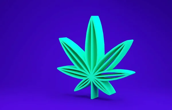 Verde Marihuana medicinal o icono de la hoja de cannabis aislado sobre fondo azul. Un símbolo de cáñamo. Concepto minimalista. 3D ilustración 3D render — Foto de Stock