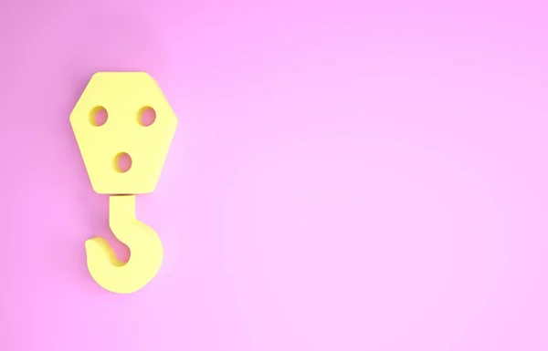 Иконка желтого промышленного крючка выделена на розовом фоне. Значок крюка. Концепция минимализма. 3D-рендеринг — стоковое фото