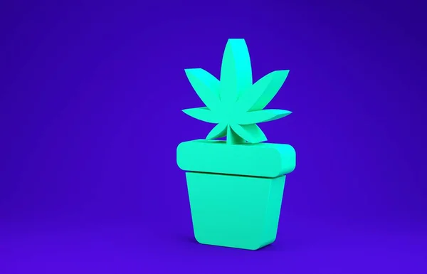 Зелена медична марихуана або рослина конопель у значку горщика ізольовані на синьому фоні. Концепція вирощування маріхуани. Рослина з конопель. Концепція мінімалізму. 3D ілюстрація 3D рендеринга — стокове фото