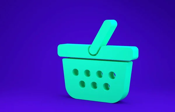 Значок зеленой корзины на синем фоне. Концепция онлайн-покупки. Знак службы доставки. Символ корзины. Концепция минимализма. 3D-рендеринг — стоковое фото